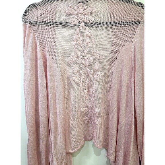 Torrid Waterfall Open Front Cardigan Pink Sweater Size 1 Crochet Lace Back - Picture 6 of 10